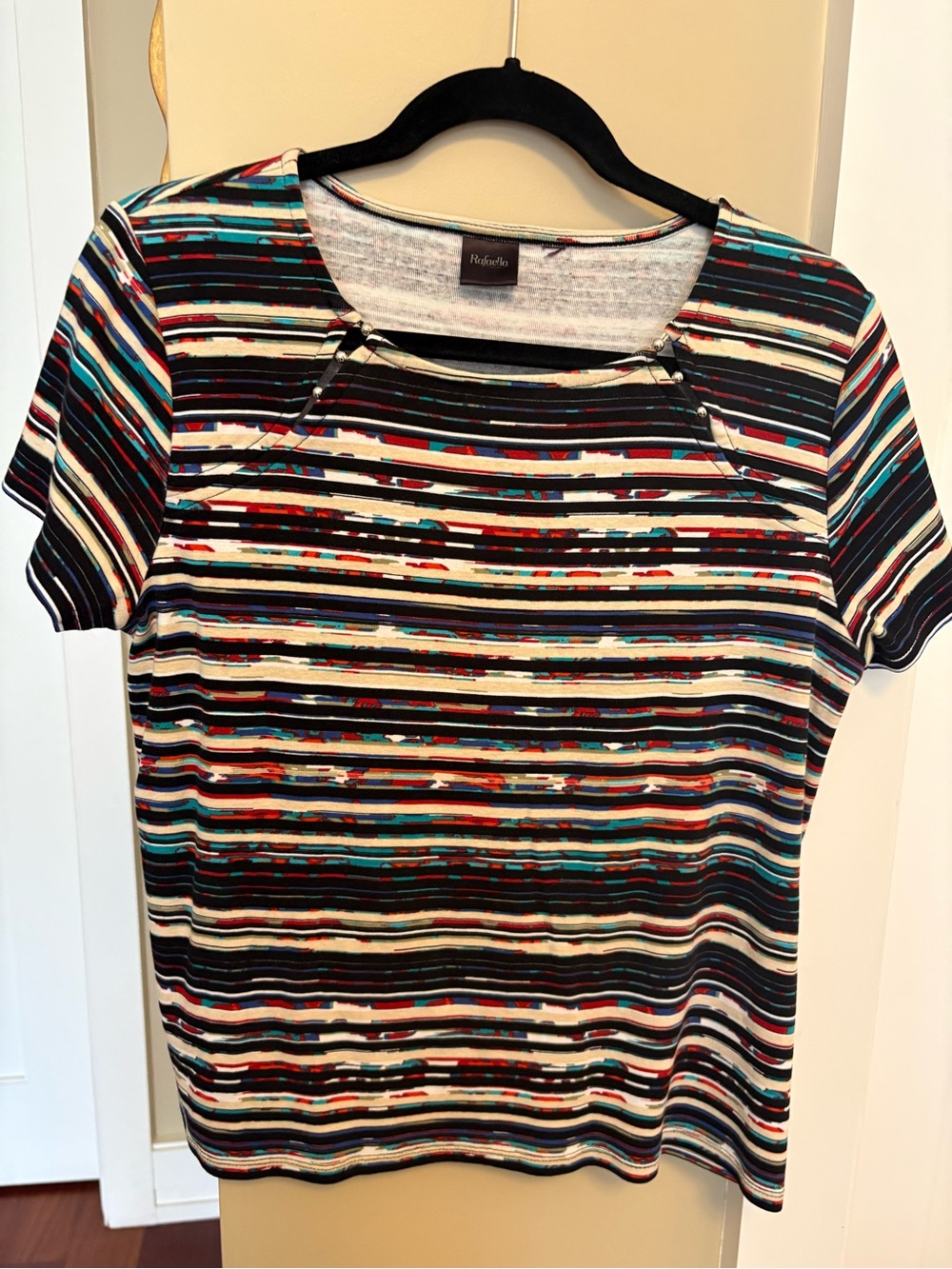 Rafaella Black, White, Teal & Red Striped Short Sleeve Tee